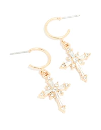 Gold Diamante Gothic Cross Open Huggie Earrings