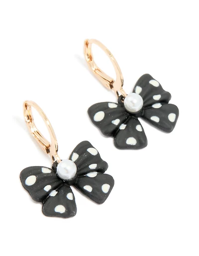 Gold Black & White Polka Dot Bow Huggie Earrings