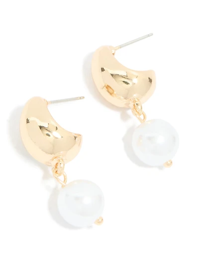 Gold Pearl Drop Open Huggie Earrings