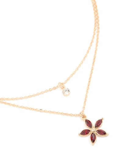Gold Diamante Circle & Red Flower Layered Necklace