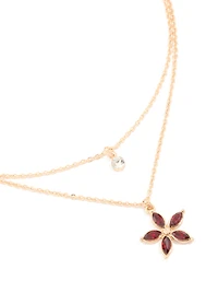 Gold Diamante Circle & Red Flower Layered Necklace