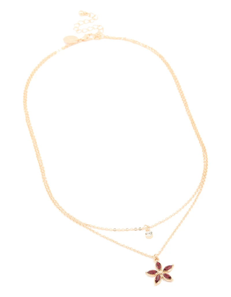 Gold Diamante Circle & Red Flower Layered Necklace
