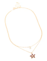 Gold Diamante Circle & Red Flower Layered Necklace