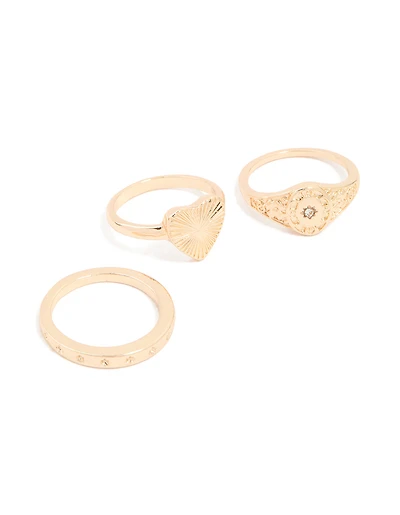 Gold Heart Signet & Diamante Rings 3-Pack