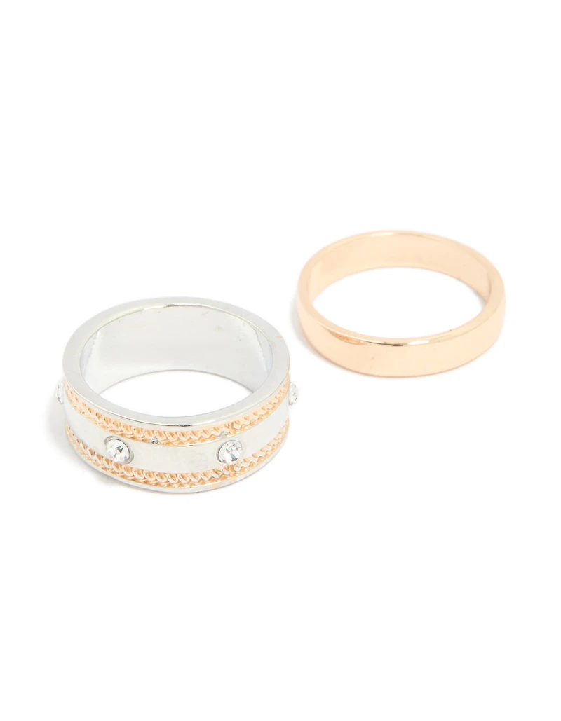 Mixed Metal Diamante Textured & Smooth Rings 2-Pack