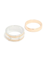 Mixed Metal Diamante Textured & Smooth Rings 2-Pack