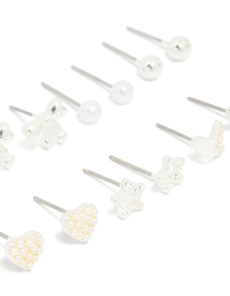 Silver Mini Pearl Stud Earrings 7-Pack