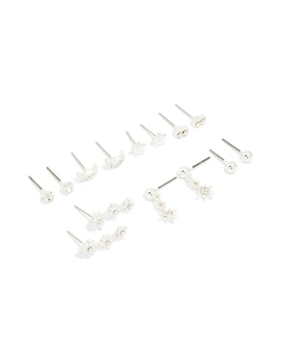 Silver Diamante Star & Moon Earrings 7-Pack