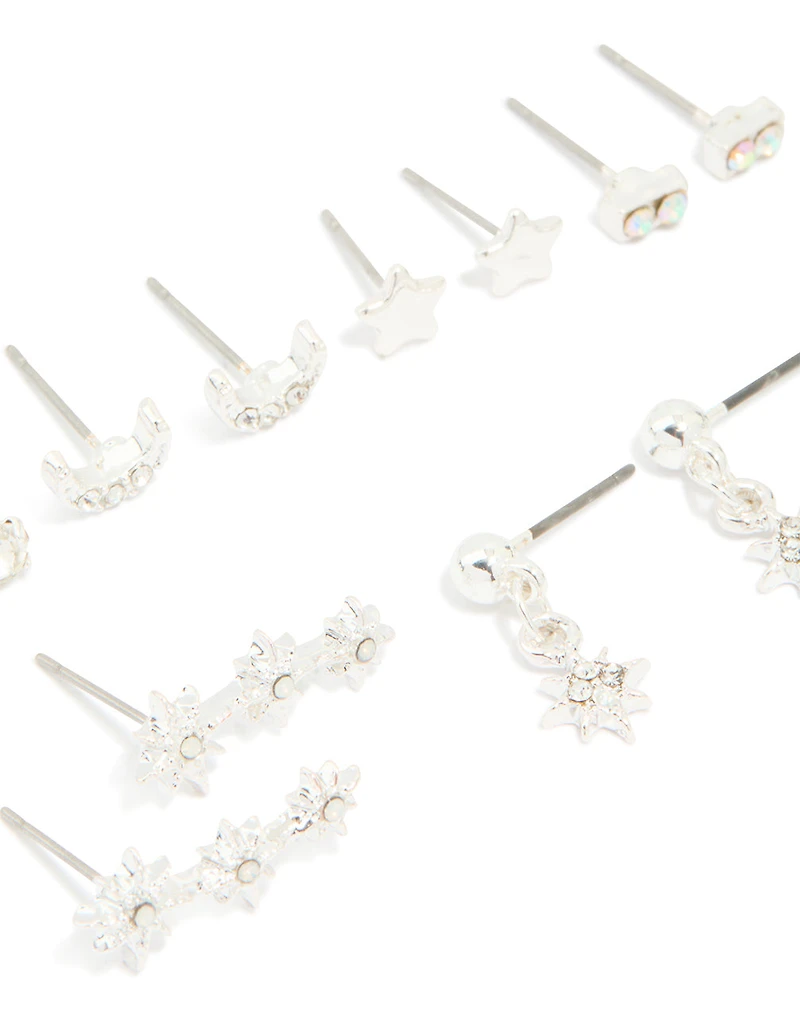 Silver Diamante Star & Moon Earrings 7-Pack