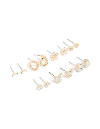 Gold Cubic Zirconia & Butterfly Stud Earrings 7-Pack