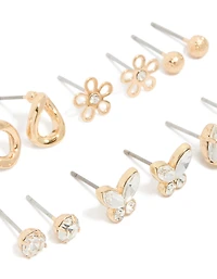 Gold Cubic Zirconia & Butterfly Stud Earrings 7-Pack