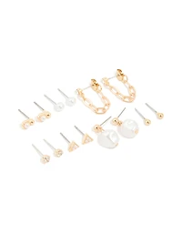 Gold Pearl Chain Drop & Stud Earrings 7-Pack