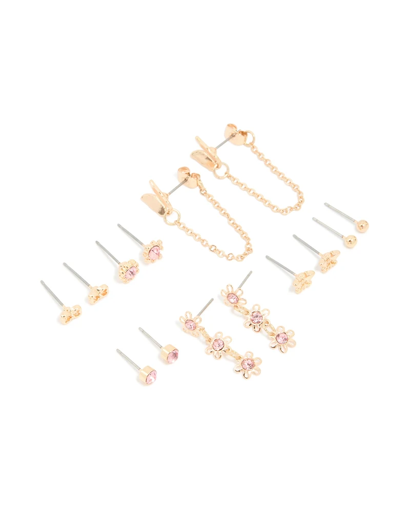 Boucles d’oreilles diamants diamants dorées rose et chaîne papillon en pack de 7