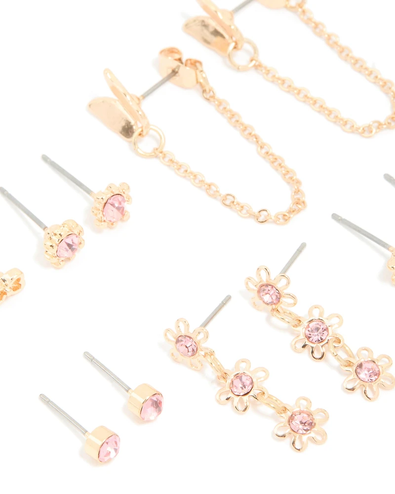 Gold Pink Diamante Studs & Butterfly Chain Earrings 7-Pack