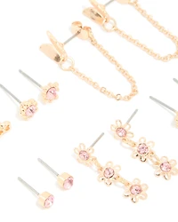 Gold Pink Diamante Studs & Butterfly Chain Earrings 7-Pack