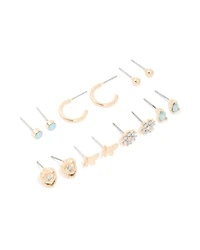Gold Light Blue Diamante Flower Stud Earrings 7-Pack