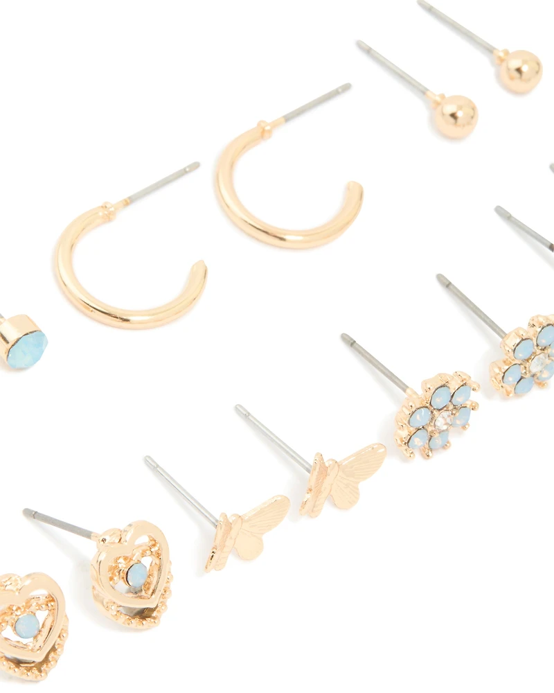Gold Light Blue Diamante Flower Stud Earrings 7-Pack