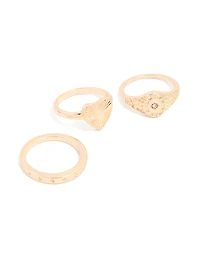 Gold Heart Signet & Diamante Rings 3-Pack