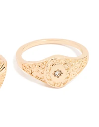 Gold Heart Signet & Diamante Rings 3-Pack