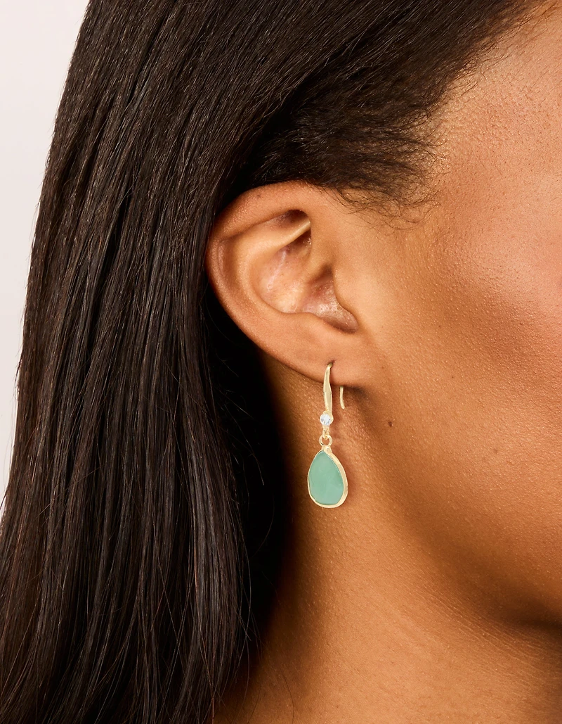 Gold Plated Green Aventurine Semi Precious Stone Cubic Zirconia Large Drop Earrings