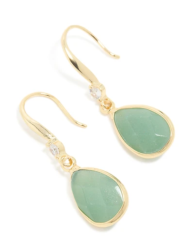 Gold Plated Green Aventurine Semi Precious Stone Cubic Zirconia Large Drop Earrings