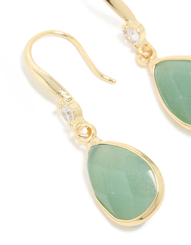 Gold Plated Green Aventurine Semi Precious Stone Cubic Zirconia Large Drop Earrings