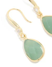 Gold Plated Green Aventurine Semi Precious Stone Cubic Zirconia Large Drop Earrings