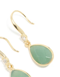 Gold Plated Green Aventurine Semi Precious Stone Cubic Zirconia Large Drop Earrings