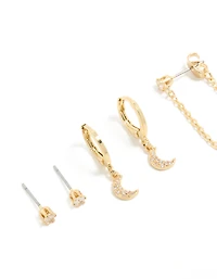 Gold Plated Cubic Zirconia Celestial Earrings 4-Pack