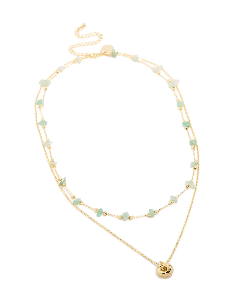 Gold Plated Green Aventurine Semi-Precious Stone & Doughnut Layered Necklace
