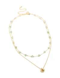 Gold Plated Green Aventurine Semi-Precious Stone & Doughnut Layered Necklace