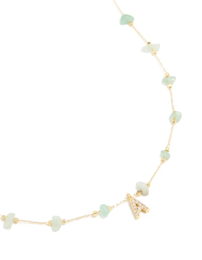 Gold Plated Green Aventurine Semi Precious Stone Cubic Zirconia Letter A Necklace