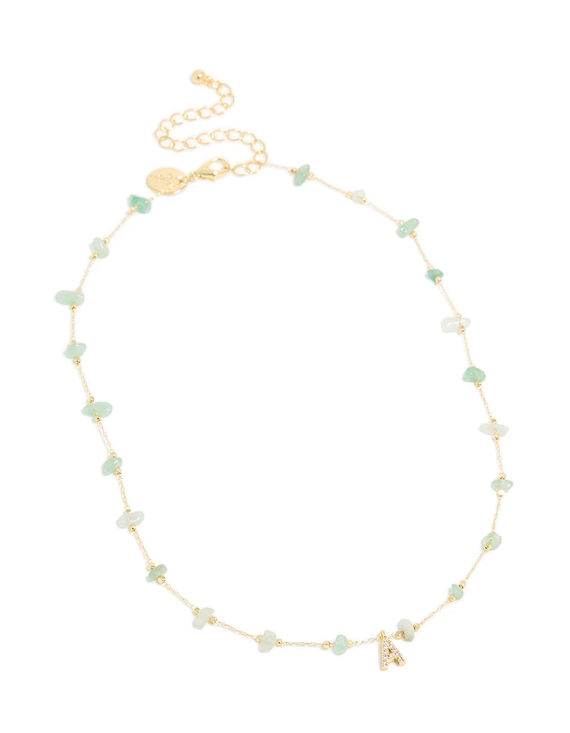 Gold Plated Green Aventurine Semi Precious Stone Cubic Zirconia Letter A Necklace