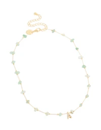 Gold Plated Green Aventurine Semi Precious Stone Cubic Zirconia Letter A Necklace