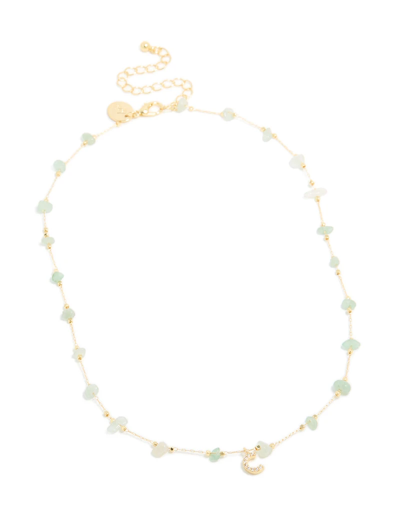 Gold Plated Green Aventurine Semi-Precious Stone Cubic Zirconia Letter C Necklace