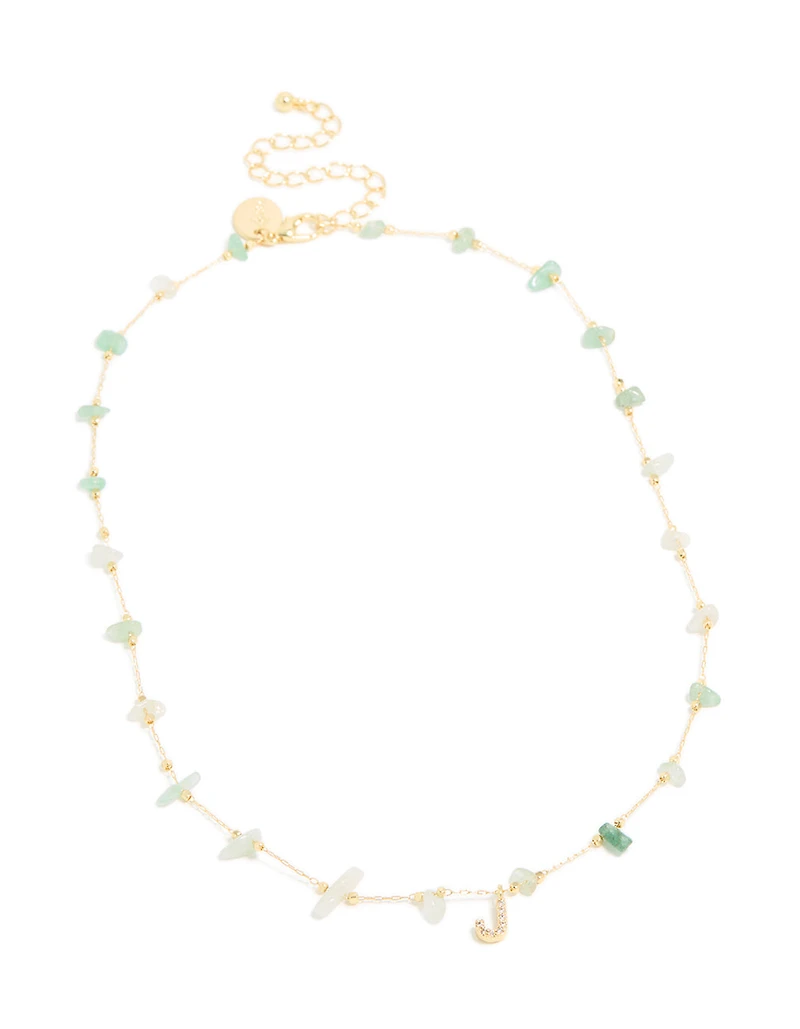 Gold Plated Green Aventurine Semi Precious Stone Cubic Zirconia Letter J Necklace