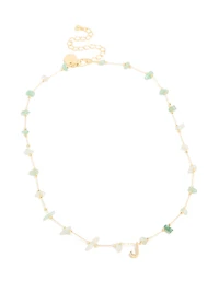 Gold Plated Green Aventurine Semi Precious Stone Cubic Zirconia Letter J Necklace