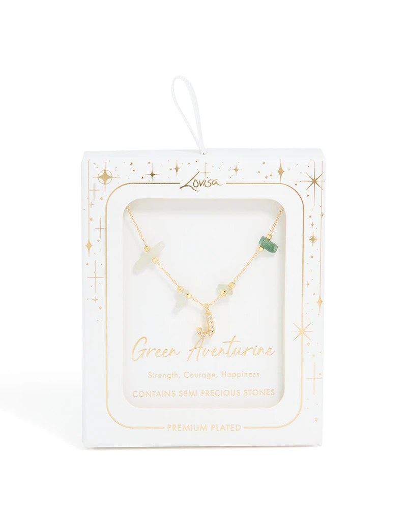 Gold Plated Green Aventurine Semi Precious Stone Cubic Zirconia Letter J Necklace