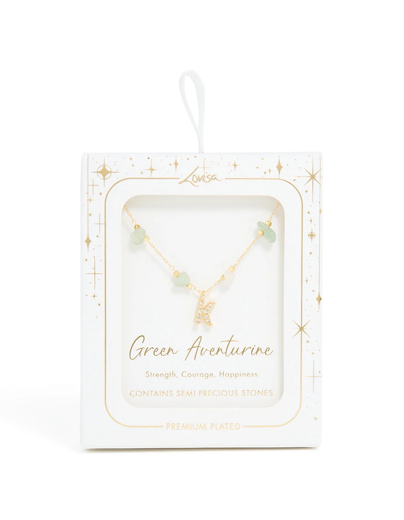 Gold Plated Green Aventurine Semi Precious Stone Cubic Zirconia Letter K Necklace