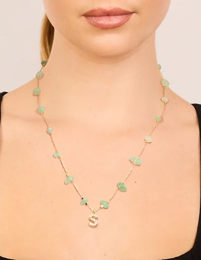 Gold Plated Green Aventurine Semi Precious Stone Cubic Zirconia Letter S Necklace
