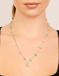 Gold Plated Green Aventurine Semi Precious Stone Cubic Zirconia Letter S Necklace