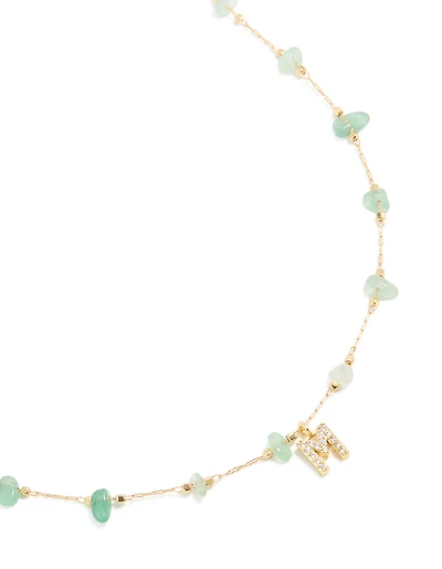 Gold Plated Green Aventurine Semi Precious Stone Cubic Zirconia Letter M Necklace