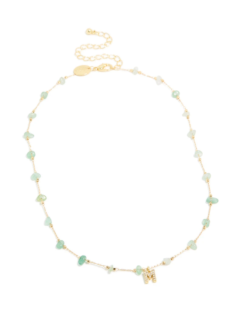 Gold Plated Green Aventurine Semi Precious Stone Cubic Zirconia Letter M Necklace
