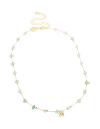 Gold Plated Green Aventurine Semi Precious Stone Cubic Zirconia Letter M Necklace