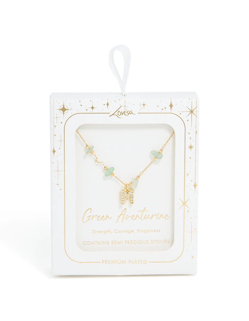 Gold Plated Green Aventurine Semi Precious Stone Cubic Zirconia Letter M Necklace