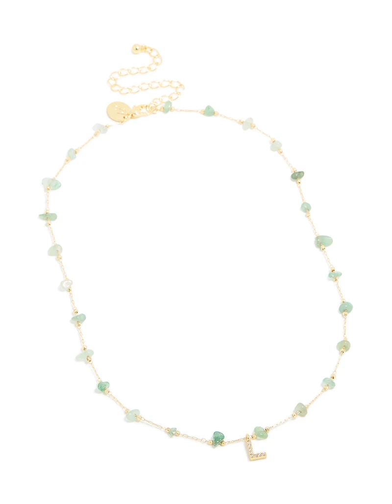Gold Plated Green Aventurine Semi Precious Stone Cubic Zirconia Letter L Necklace