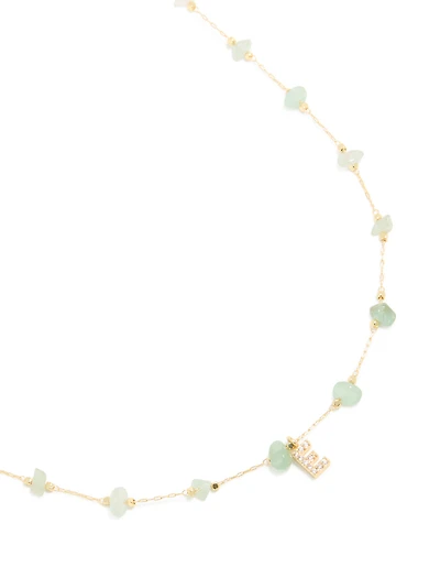 Gold Plated Green Aventurine Semi Precious Stone & Cubic Zirconia Letter E Necklace