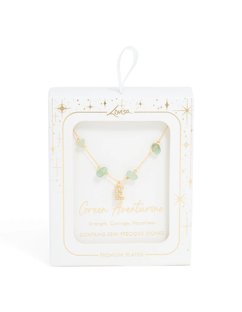 Gold Plated Green Aventurine Semi Precious Stone & Cubic Zirconia Letter E Necklace