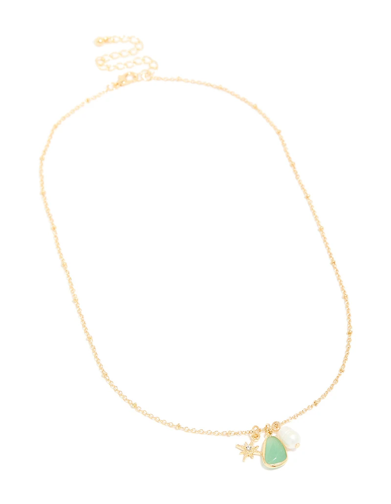 Gold Plated Brass Green Semi-Precious Stone Celestial Necklace