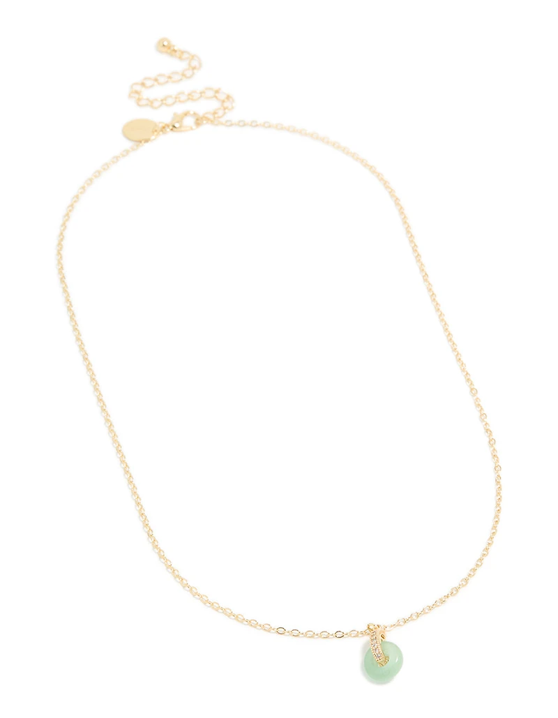 Gold Plated Green Aventurine Semi-Precious Cubic Zirconia Doughnut Necklace